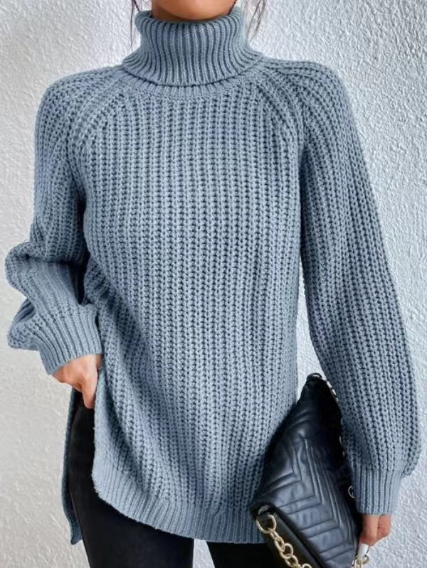 JULIA | Cotton turtleneck sweater with raglan sleeves and split hem